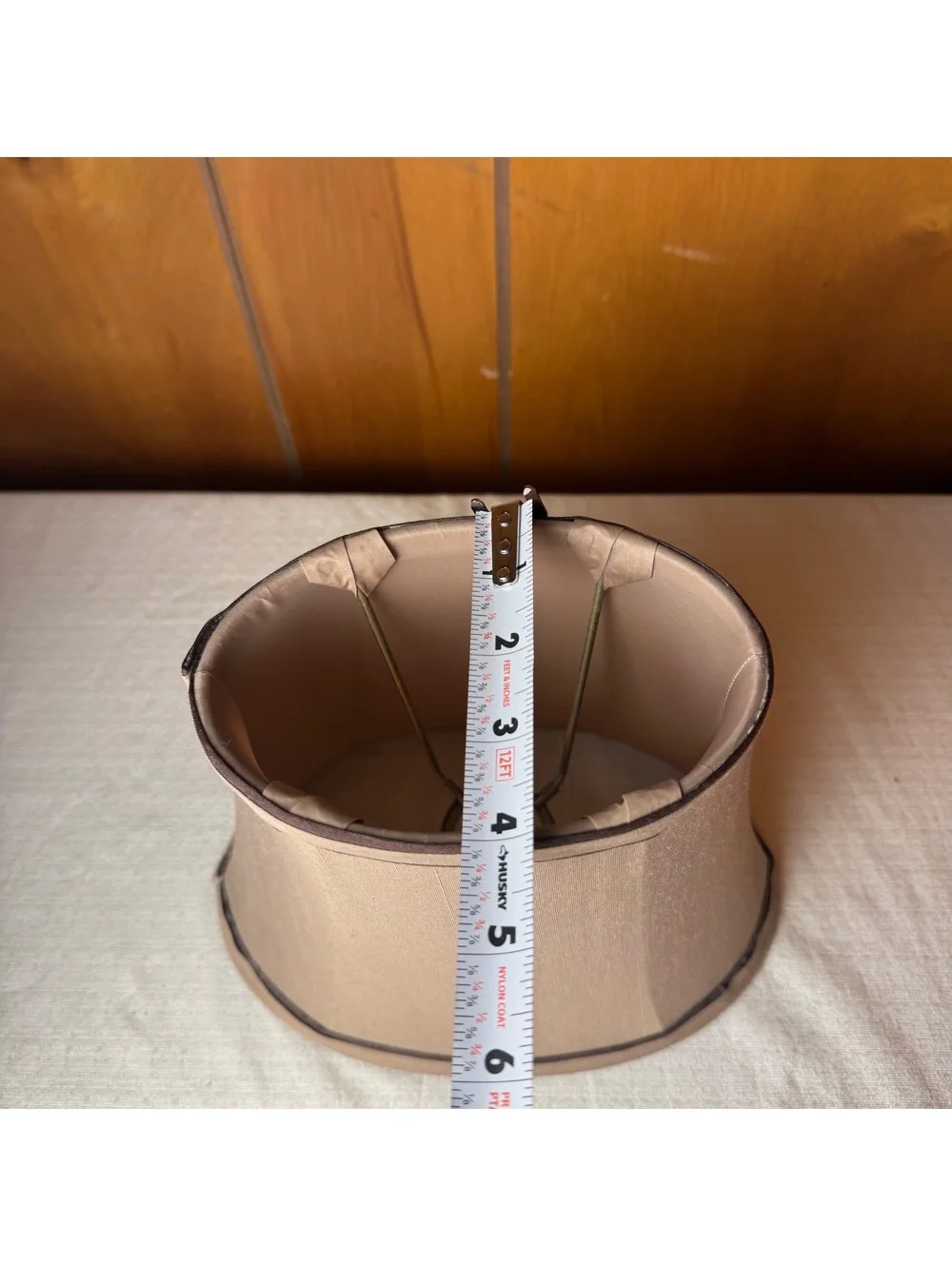 Vintage Bell Shaped Beige Fabric Lampshade Brown Trim 7 Inch Tall